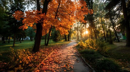 Naklejka premium Sun shining through trees in autumn. Leaves cover ground path. Beautiful scenery