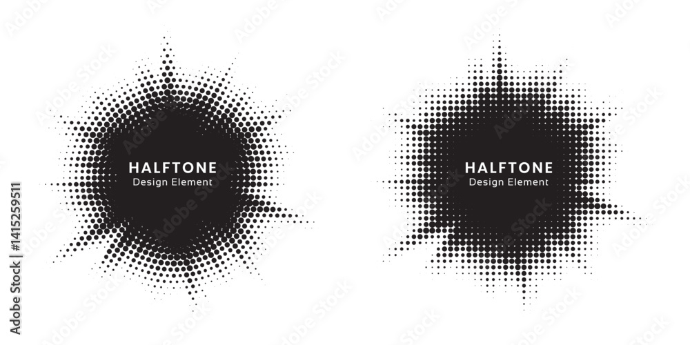 Poster Halftone circle frame background set. Round border Icon using halftone random circle. Grunge circular stain. Vector illustration.