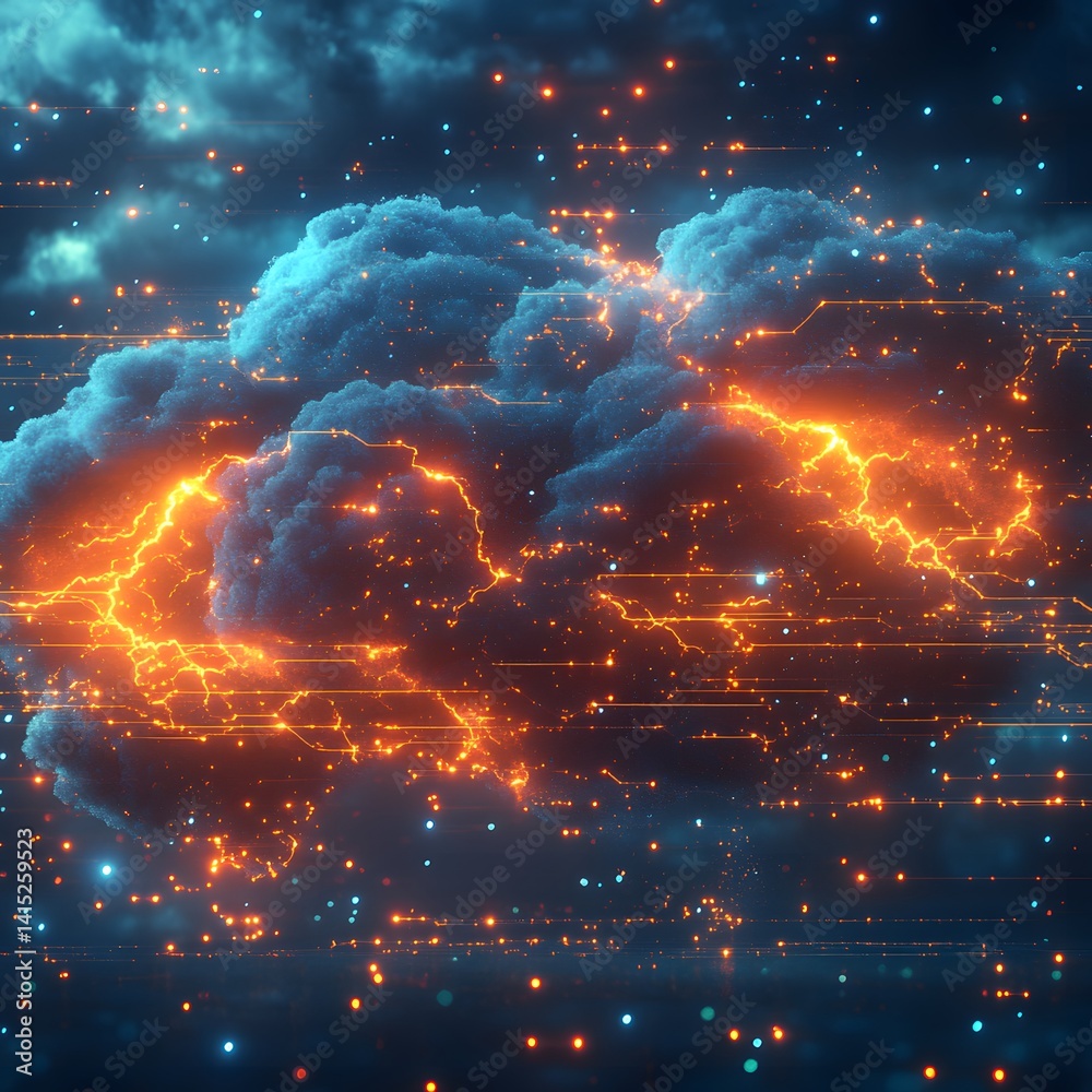 Poster Abstract digital art depicting a stormy cloud with lightning, symbolizing cloud computing and data transfer. Futuristic Technology Backgrounds Digital Storm: A Cloud Computing Visualization
