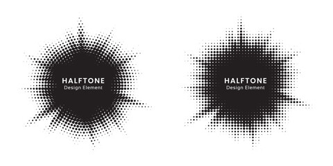 Halftone circle frame background set. Round border Icon using halftone random circle. Grunge circular stain. Vector illustration.