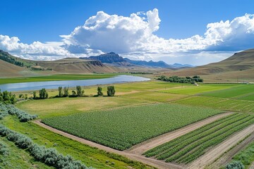 Obraz premium Green crops and a lake are under a cloudy sky with mountains. Perfect for agriculture or rural lifestyle themed design projects.