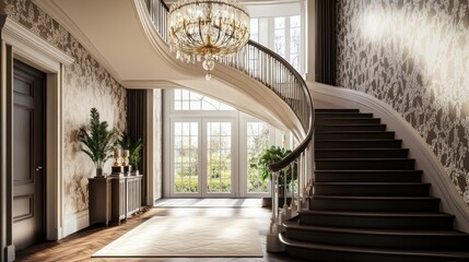 Elegant staircase in a sunlit foyer with plants