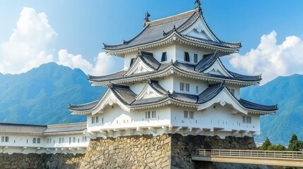 Fototapeta premium Ancient Japanese castle with tiered white structure and dark-gray roof