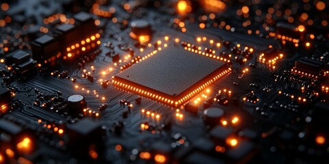 Obraz premium Glowing Circuit Board with Neon Connections and Digital Data Flow