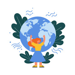 Caring Earth in her hands: A vibrant illustration showcases a woman with red hair joyfully holding the globe, framed by lush leaves and flowing lines, symbolizing care, stewardship.
