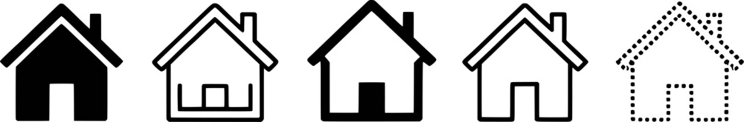 Five Different House Icons In Black And White Isolated On A White Background