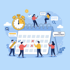 Time Management & Planning Illustration: A colorful illustration depicts a group of people working together, focused on a giant calendar and clock, all under the theme of time management.