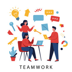 Teamwork and Collaboration: Three individuals collaborate around a table with icons representing innovation, communication, and progress, forming a cohesive teamwork and creative partnership.