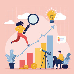 Growth Mindset and Innovation: A woman with a magnifying glass leaps upwards, symbolizing the pursuit of knowledge and progress.