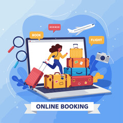 Naklejka premium Online Booking Adventure: Embark on a virtual journey with this dynamic illustration of a woman navigating online travel booking platforms, surrounded by luggage, a camera, and the promise of flight.