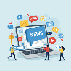 Digital News Gathering: Illustrative scene of individuals engrossed in a news report on a laptop, surrounded by digital media icons.