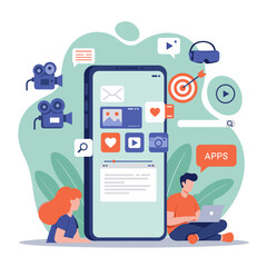 Smart Application: A vibrant illustration portrays a man and woman immersed in their digital world, exploring the endless possibilities of a sleek mobile app.