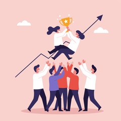 Team Success Celebration: A stylized illustration depicting a team celebrating a victory, lifting their colleagues holding a trophy high above an upward-trending graph.