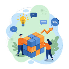 Teamwork and Idea Creation: Two individuals collaborate on a puzzle, symbolizing teamwork and problem-solving, with an idea and upward trend, perfect for illustrating collaboration and innovation.