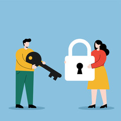 Security Exchange: A symbolic representation of data security, featuring a person with a key, and another person holding a lock, set against a light blue background.