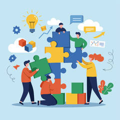 Puzzle of Progress: A team of dedicated individuals collaborates, fitting together puzzle pieces to manifest brilliant ideas and attain common objectives, under the guidance of a glowing lightbulb.