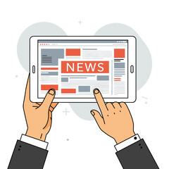 Digital News: A modern illustration showcasing a person's hands interacting with a tablet displaying a news article, conveying the modern era of information consumption and digital media.