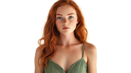Freckled redhead girl in a green sundress, summer mood, isolated on white, PNG