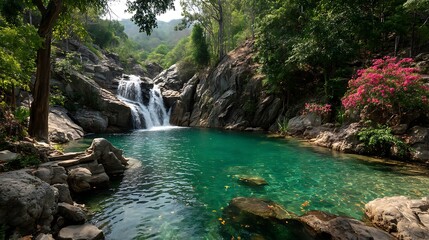 Fototapeta premium Tranquil waterfall cascading into a crystal-clear turquoise pool surrounded by lush greenery