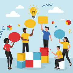 Collaborative Mindscape: A diverse group of individuals come together in a vibrant setting to share ideas and spark innovation, symbolized by a glowing lightbulb.