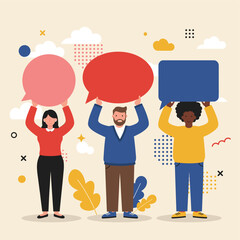 Illustration of Communication Trio: A vibrant illustration showcasing three individuals, each holding a unique speech bubble, symbolizing diverse thoughts and dialogue. Representing communication.