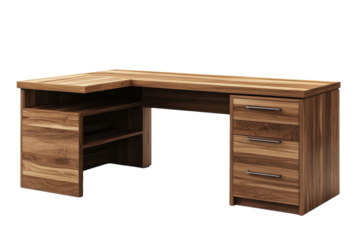 Elegant L shaped wooden desk perfect for home office or workspace featuring three drawers open shelving and a rich walnut finish against on transparent background