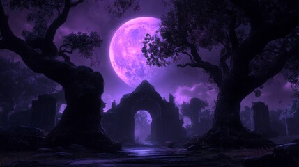 Obraz premium Purple moonlit night scene, ancient stone archway, dark trees, mysterious atmosphere.