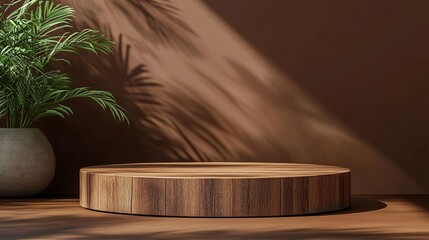 Wooden circular podium on natural surface with tropical foliage for organic product presentation.