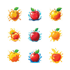 Various colorful apples with splashes of juice.