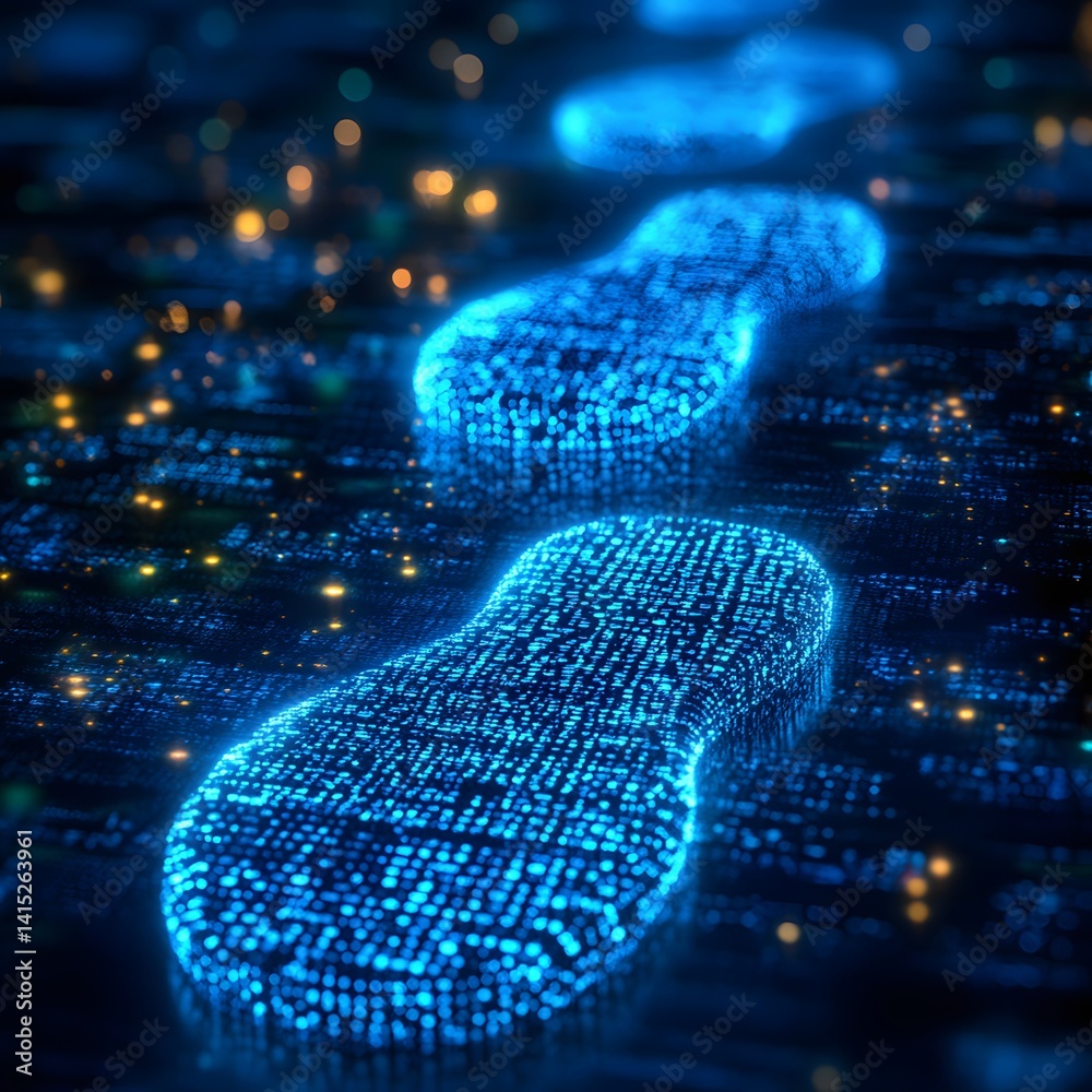 Aufkleber Glowing digital footprints on a dark background symbolize a journey through cyberspace and digital progress. Futuristic Technology Backgrounds Digital Footprint into Cyber Security and Data Privacy