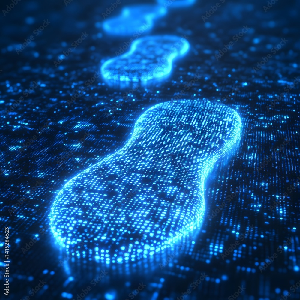Poster glowing digital footprints illuminate a dark cyberspace, symbolizing a journey in the digital world.