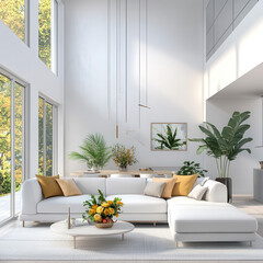 Modern Bright Living Room with Stylish Decor and Plant Elements