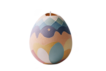An Easter Sunrise: A candle shaped like an egg rises with pastel colors and geometric patterns against a stark black background.