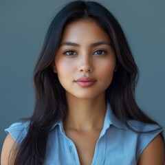 A Hispanic female employee. Working in an office. A female employee showing in an office. AI generated.