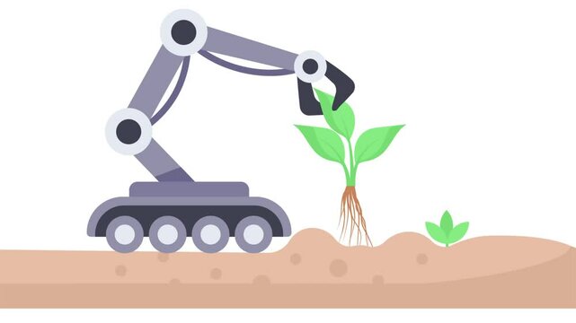 Autonomous mini-excavator Removing Weeds from Root animation, robotic arm precision gripper in field animated video, Digital Agribusinesses Clip, e-agriculture footage, smart farming motion graphics