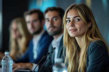 Woman at table, people behind.