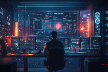 Obraz premium Man sitting at desk, focused on computer screen.