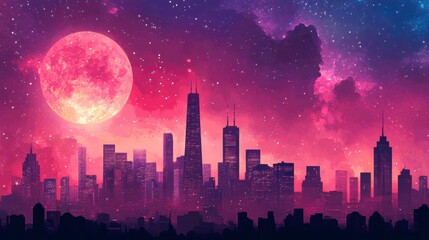 Pixel art cityscape at night under a large pink moon and starry sky.