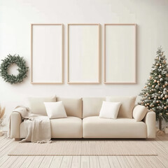 Cozy Interior with White Sofa, Blank Frames, and Christmas Tree