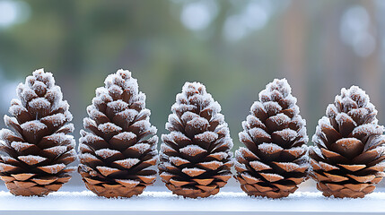Five pine cones covered in frost line up on a white surface