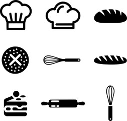 Black And White Bakery Icons Set Includes Chef Hats,Bread,And Baking Tools