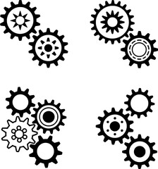 Set Of Interlocking Gear Mechanical Components In Black And White Icon Graphic