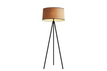 Modern tripod floor lamp with a stylish brown fabric shade offering soft ambient lighting for a cozy and elegant atmosphere in your home on transparent background
