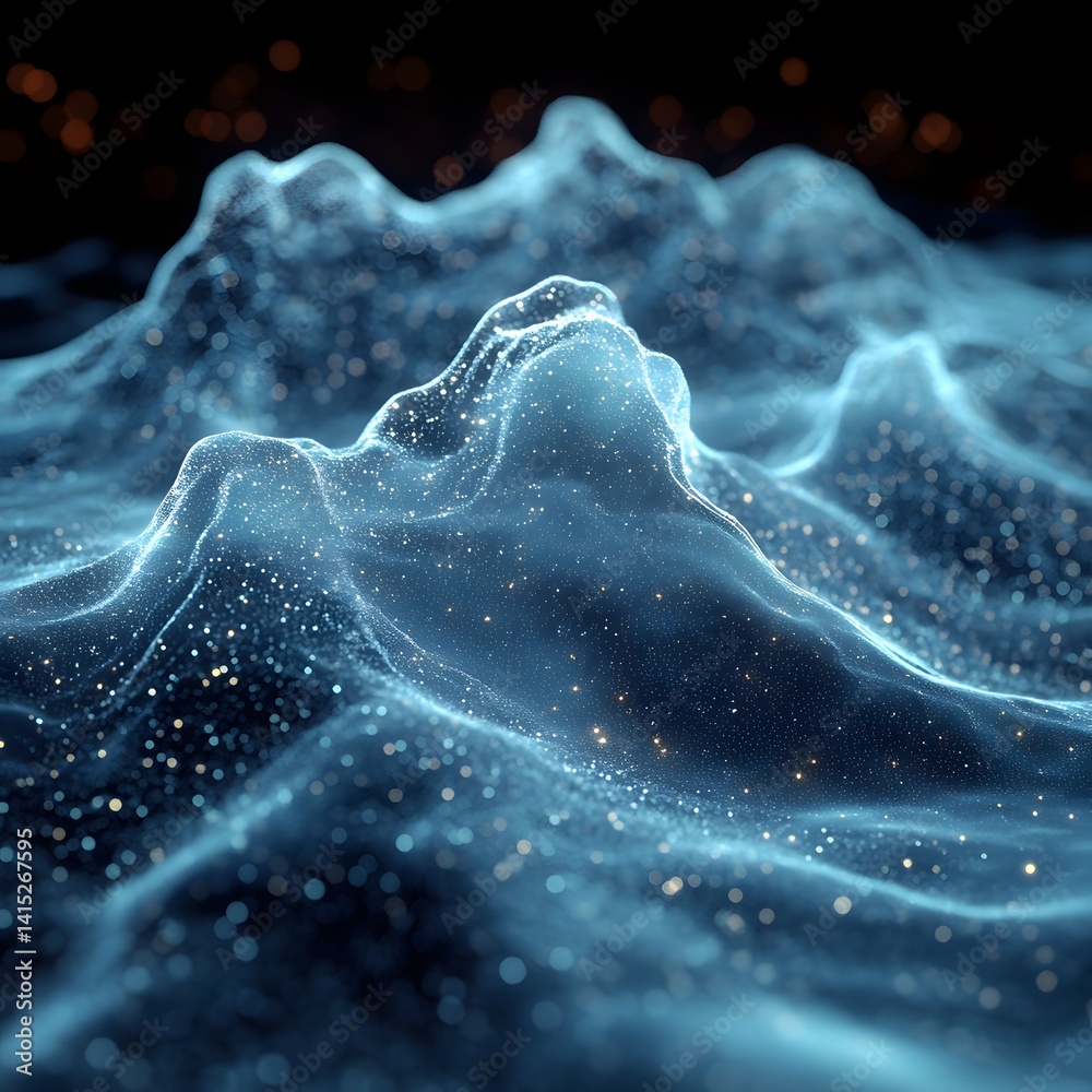 Poster an abstract digital landscape of glimmering blue peaks, created with particles and light. it evokes 