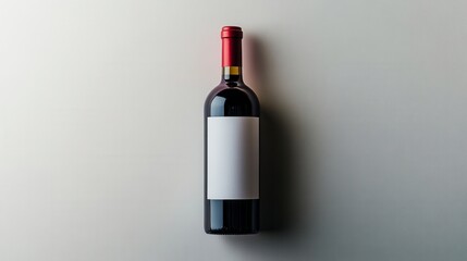Overhead view of a red wine bottle with a blank white label against a light gray background.