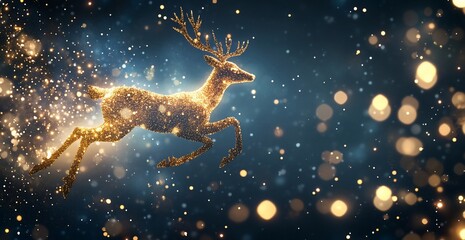 Golden reindeer in flight against bokeh background. Possible use Christmas card, holiday advertisement