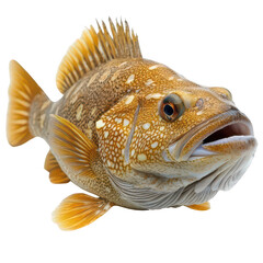 Close up of a yellow grouper fish with white spots on a black background on transparent background
