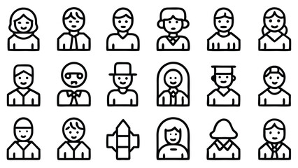 This vector icon set features cartoon business people avatars, a group of men and women in an office setting, perfect for illustrating teamwork and job roles