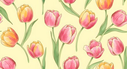 Obraz premium Tulip Flower Pattern Repeat with Pink and Yellow Hues Artistic Style