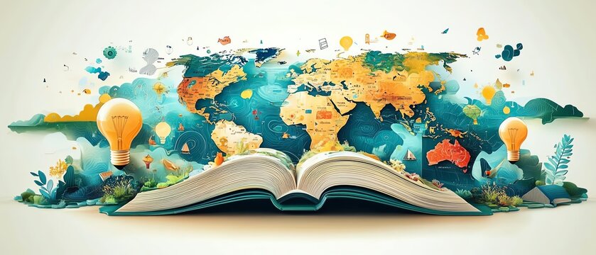 futuristic global travel collage with maps, education icons like books and bulbs, and generative AI elements, symbolic of knowledge exchange, creative bright visuals
